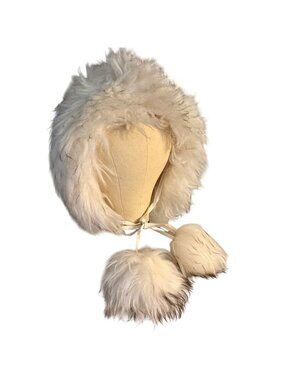 Vintage 60s 70s Italian Lamb Fur Trapper Hat Hood Pompom Ski Bonnet White Made I